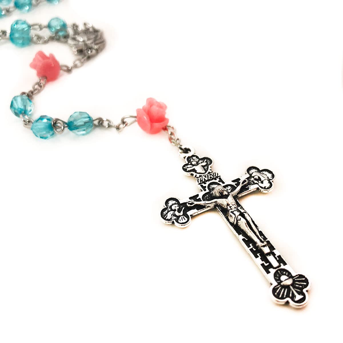 Turquoise Crystal Cut Rosary for Women, Pink Rose Beads