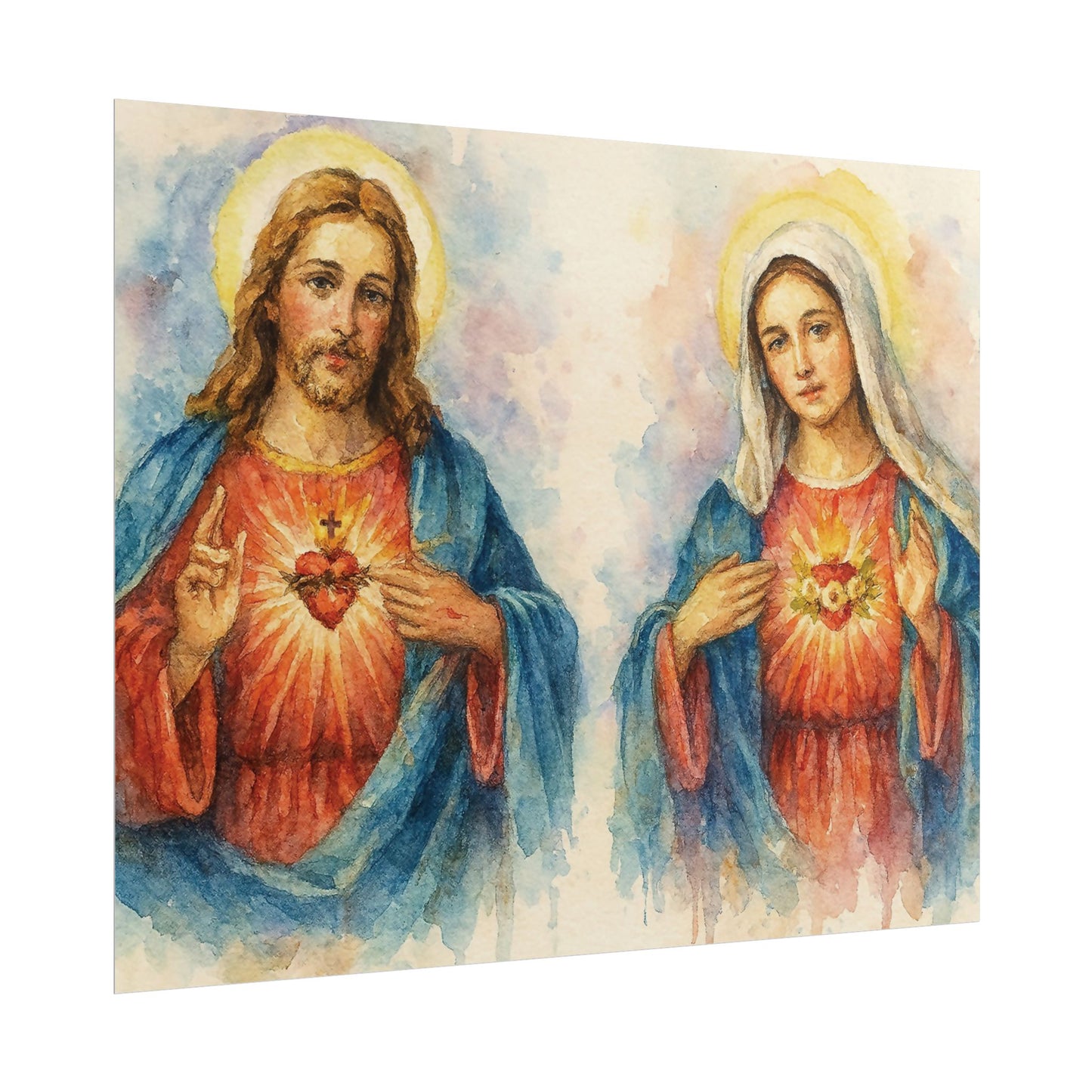 Sacred Heart of Jesus & Immaculate Heart of Mary Watercolor Art – Catholic Rolled Poster | 10x8, 14x11, 20x16 Sizes