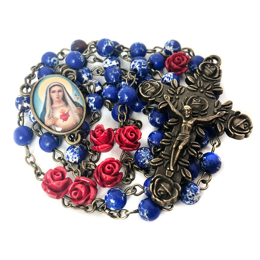 Immaculate Heart of Mary Blue Sandstone and Red Rose Rosary Set