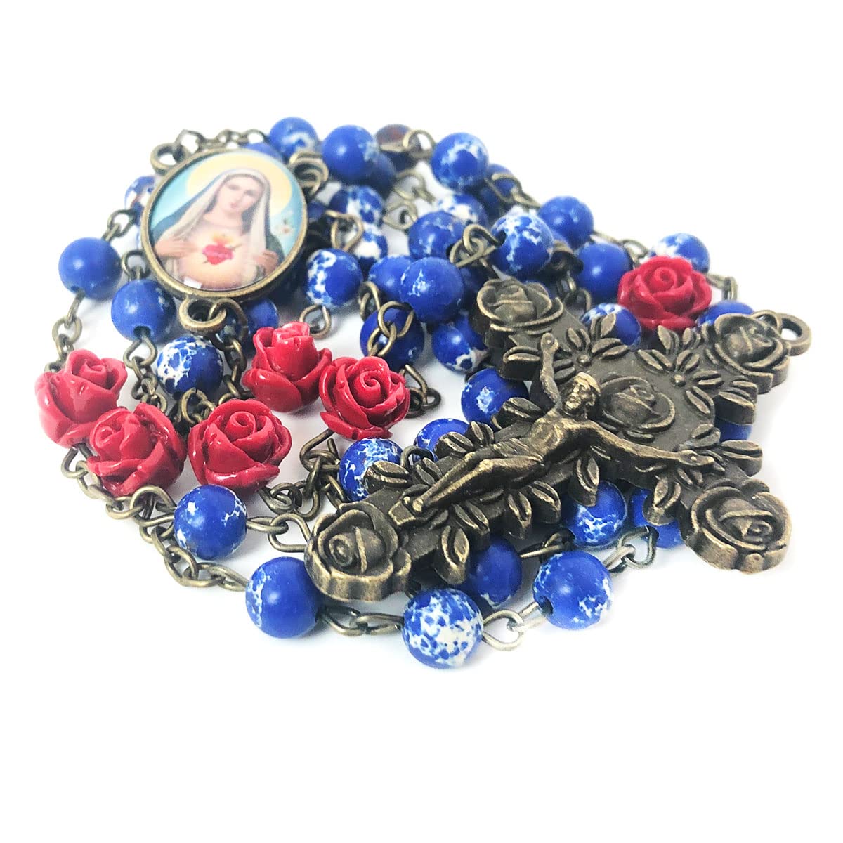 Immaculate Heart of Mary Blue Sandstone and Red Rose Rosary Set