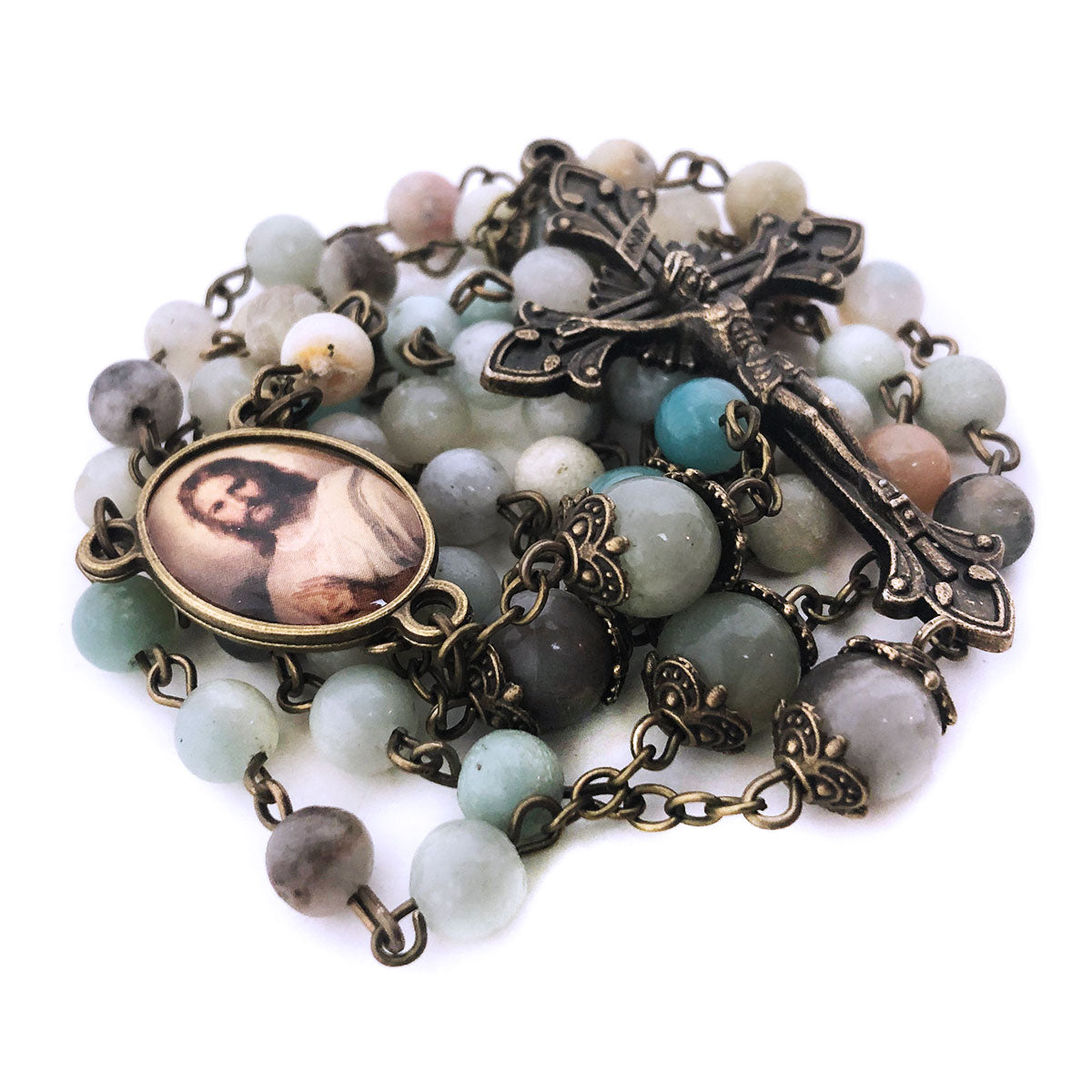 Jesus Christ Amazonite Stone Rosary and Rosary Bracelet Set by Catholic Heirlooms - Confirmation - Holy Communion Gift - Rosary Necklace