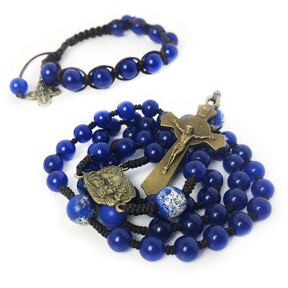 Holy Family Blue Jade and Sandstone Cord Rosary Set
