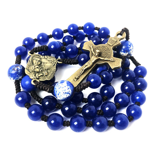 Holy Family Blue Jade and Sandstone Cord Rosary Set