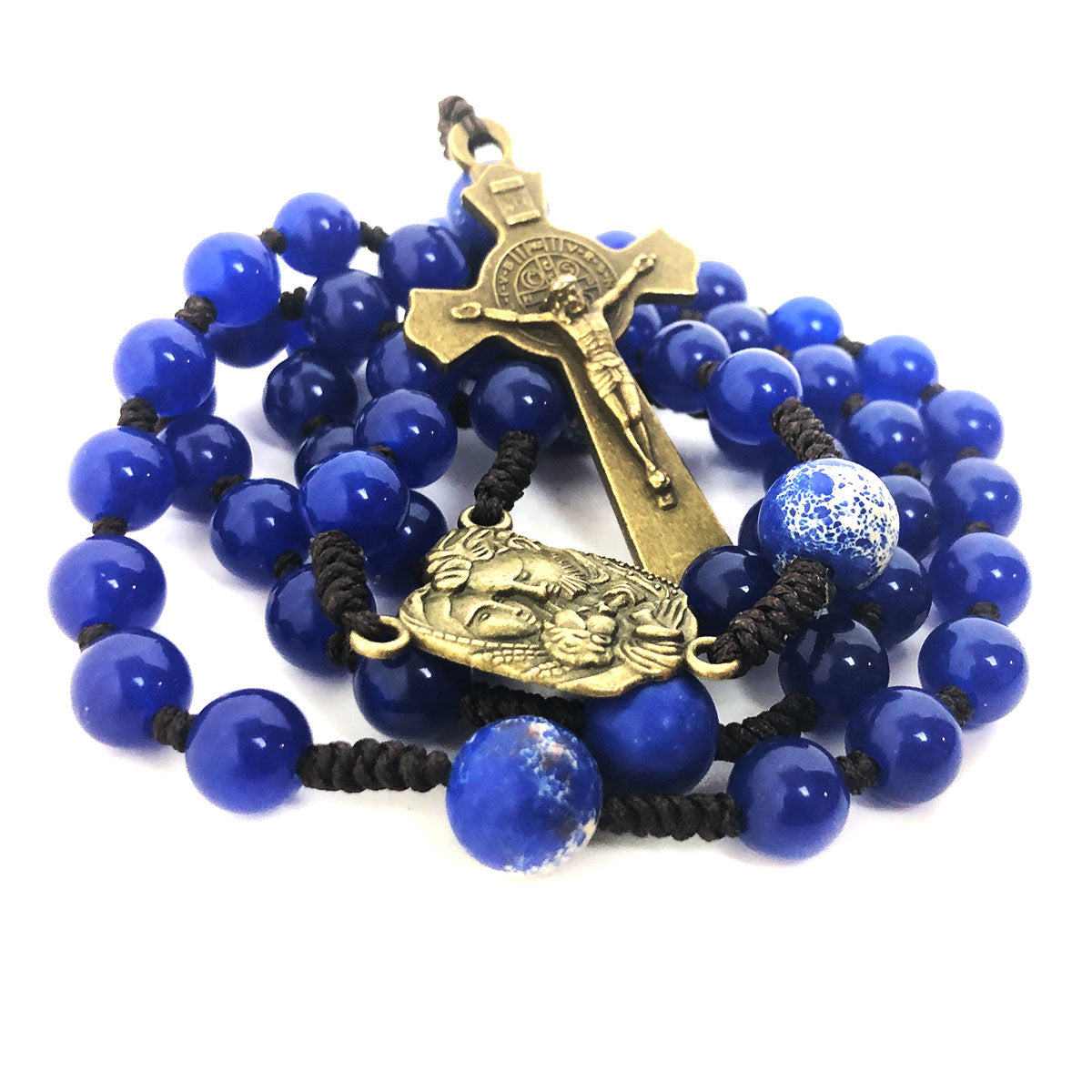 Holy Family Blue Jade and Sandstone Cord Rosary Set