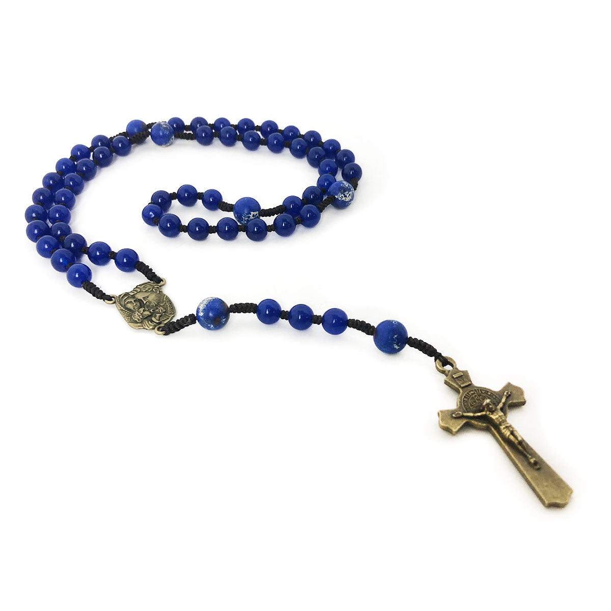 Holy Family Blue Jade and Sandstone Cord Rosary Set