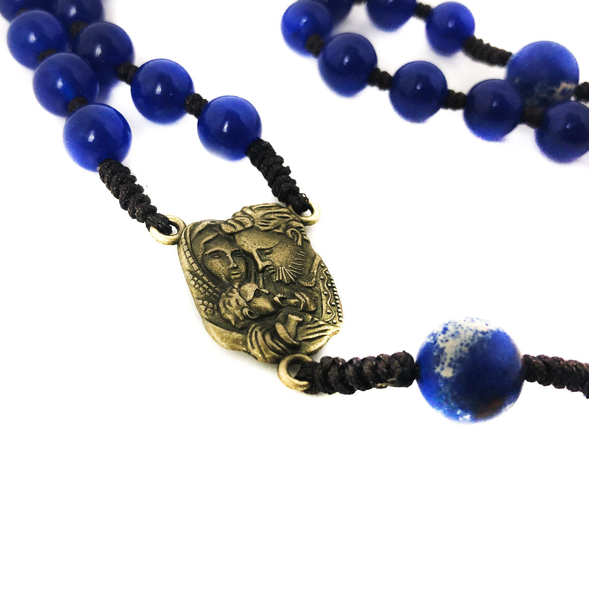 Holy Family Blue Jade and Sandstone Cord Rosary Set