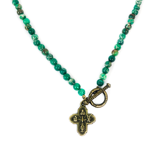 Four Way Medal Green Sandstone Front Toggle Clasp Necklace and Rosary Bracelet Set by DALIA LORRAINE