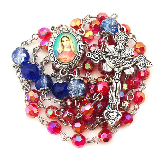 Immaculate Heart of Mary Red and Blue Crystal Cut Rosary Set