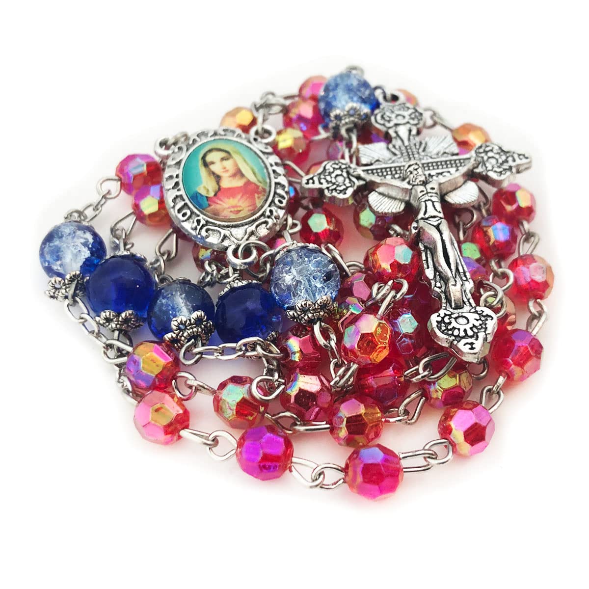 Immaculate Heart of Mary Red and Blue Crystal Cut Rosary Set