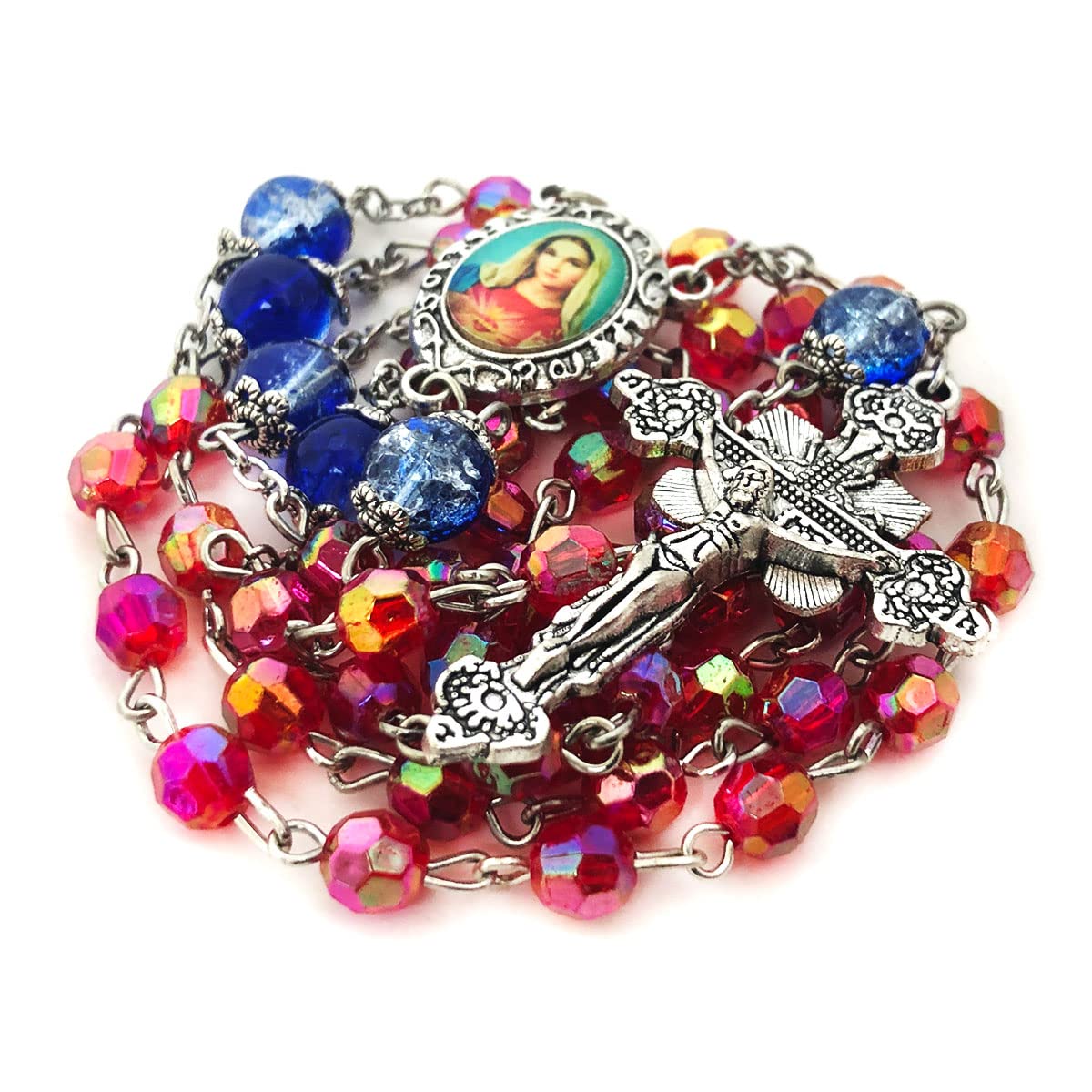 Immaculate Heart of Mary Red and Blue Crystal Cut Rosary Set