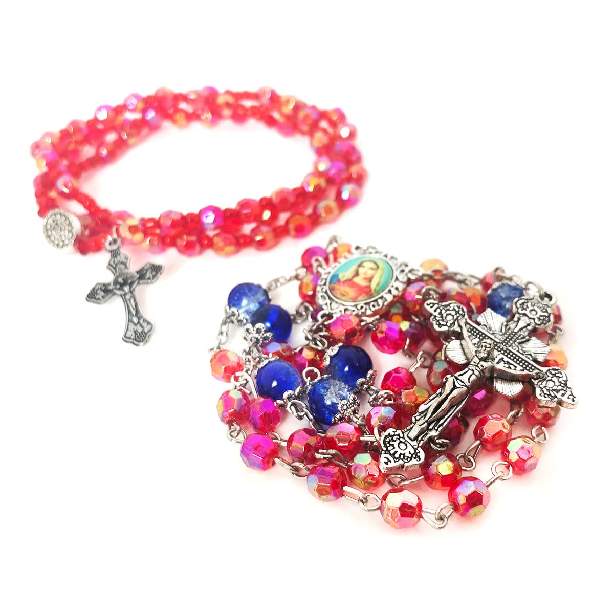 Immaculate Heart of Mary Red and Blue Crystal Cut Rosary Set