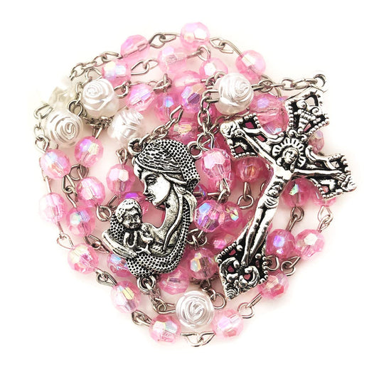 Mother Mary Pink Crystal Cut Rosary Set