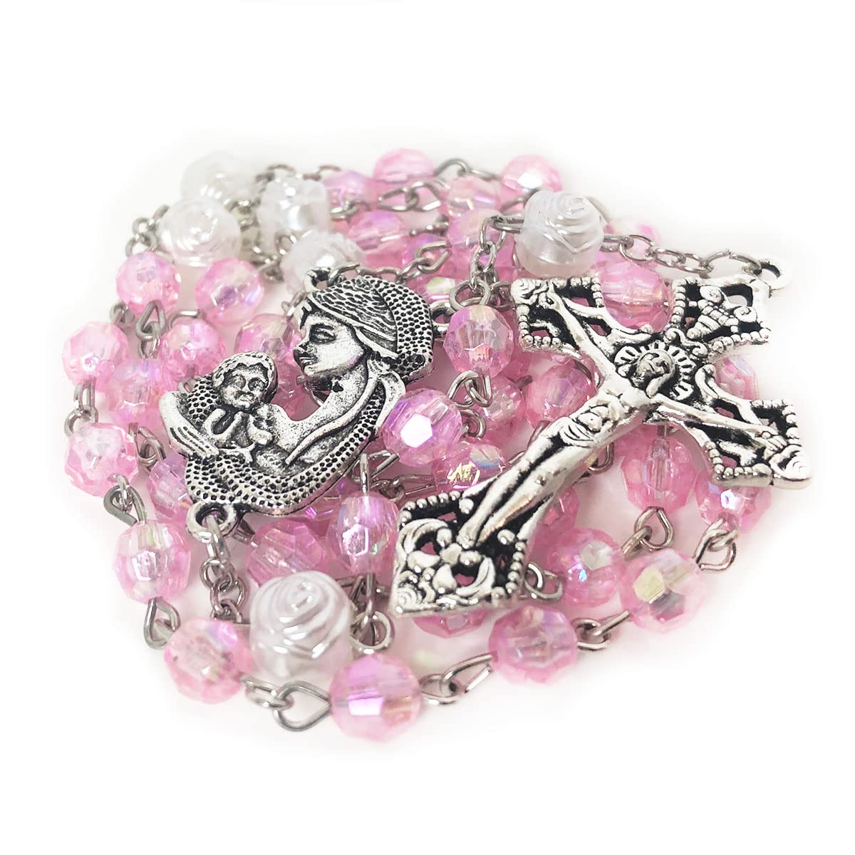 Mother Mary Pink Crystal Cut Rosary Set
