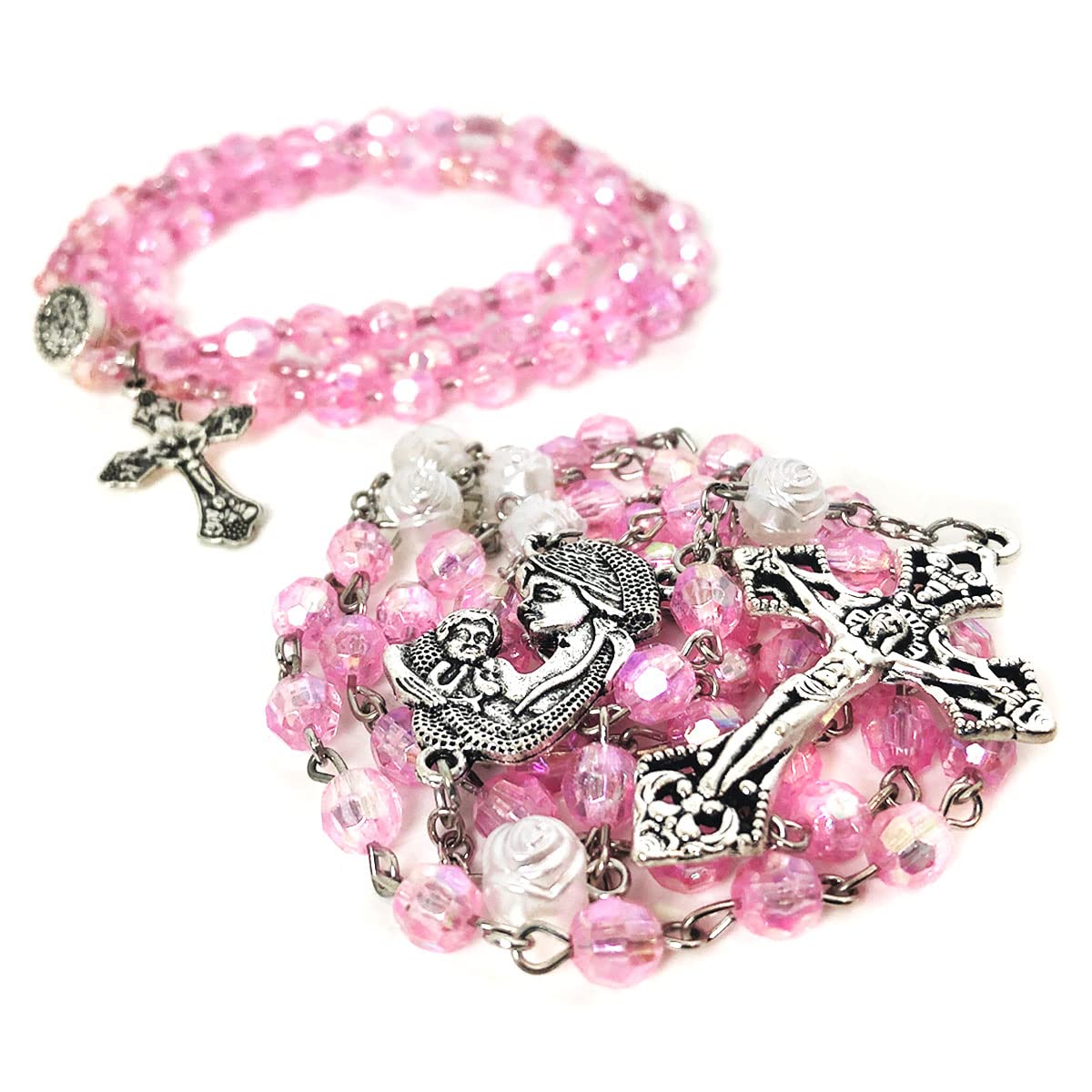 Mother Mary Pink Crystal Cut Rosary Set