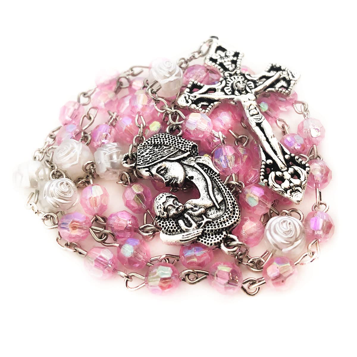 Mother Mary Pink Crystal Cut Rosary Set