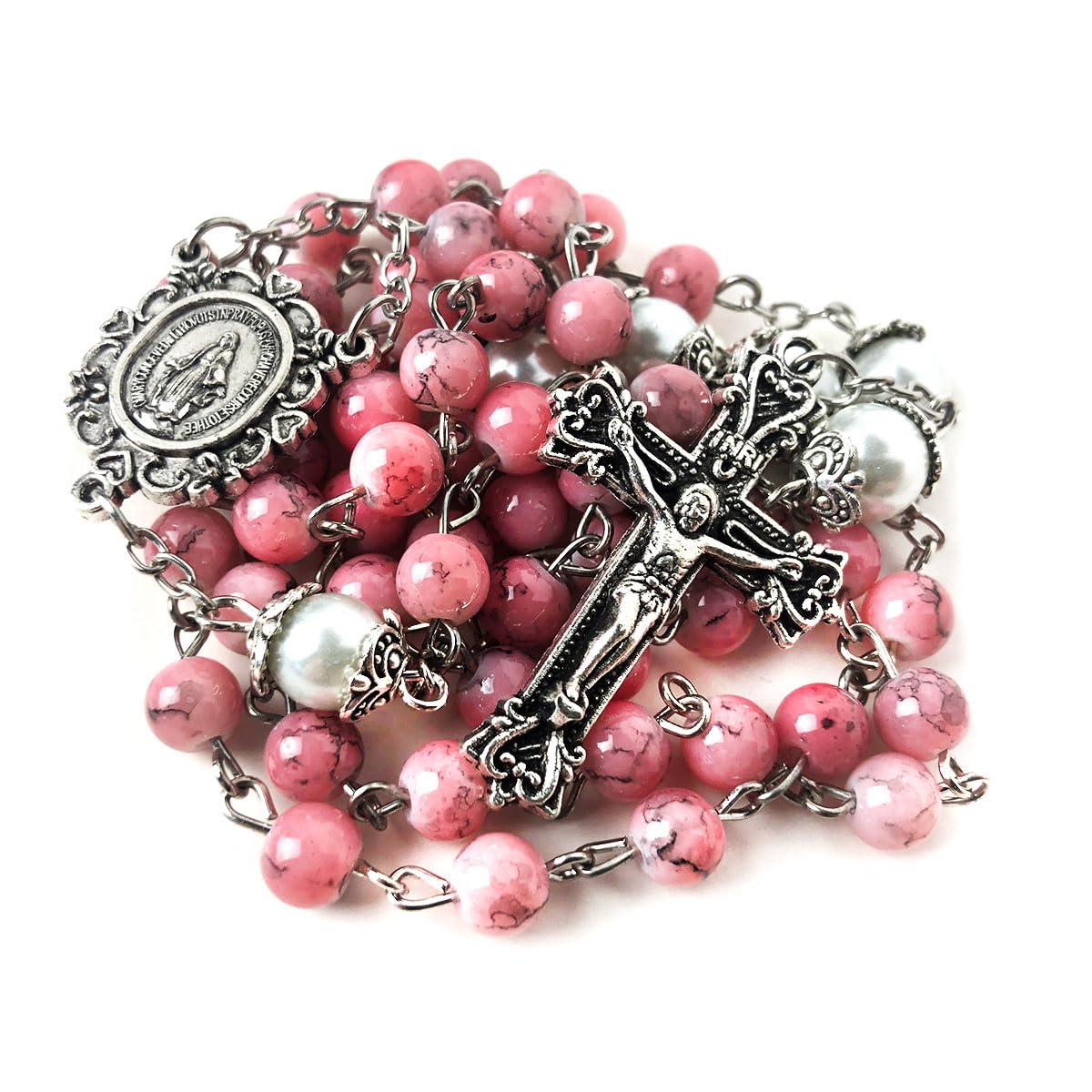 Virgin Mary Marbled Pink and Faux Pearl Acrylic Rosary and 5 Decade Rosary Bracelet Set