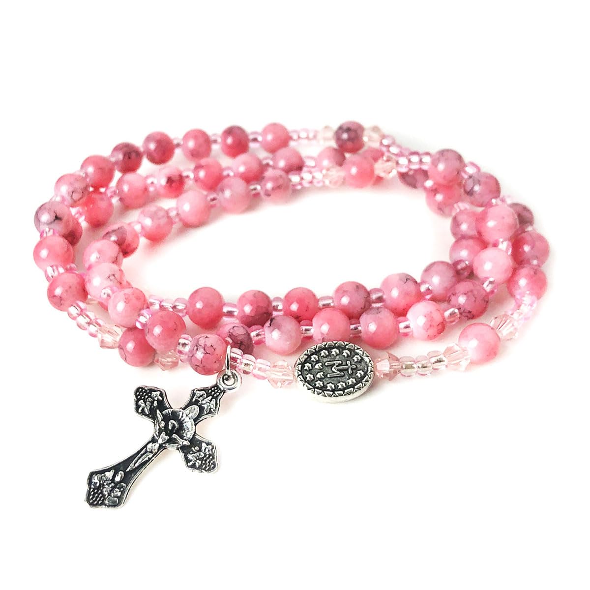 Virgin Mary Marbled Pink and Faux Pearl Acrylic Rosary and 5 Decade Rosary Bracelet Set