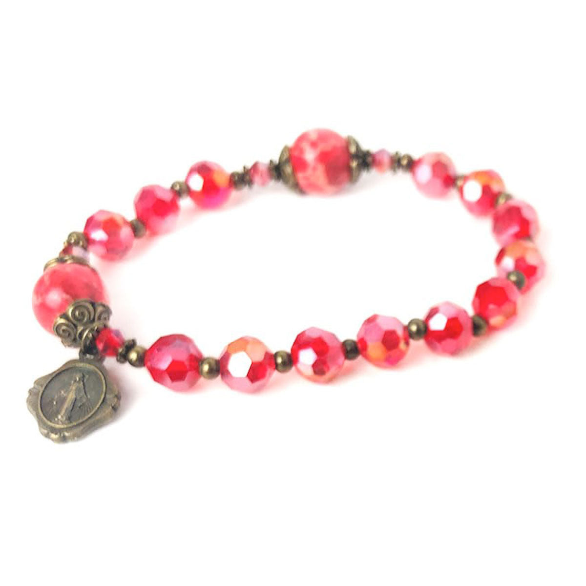 Sacred Heart of Jesus Crystal and Red Sandstone Rosary and Rosary Bracelet for Women Set