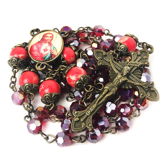 Sacred Heart of Jesus Crystal and Red Sandstone Rosary and Rosary Bracelet for Women Set