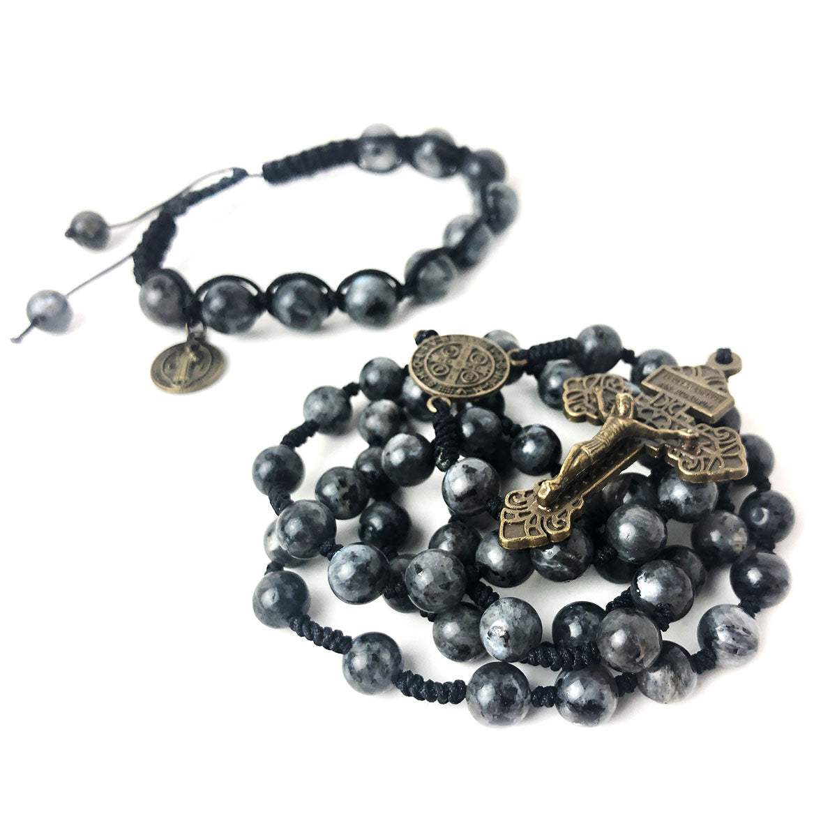 St. Benedict Black Labradorite 8mm Stone Cord Rosary Set