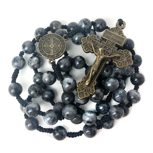 St. Benedict Black Labradorite 8mm Stone Cord Rosary Set