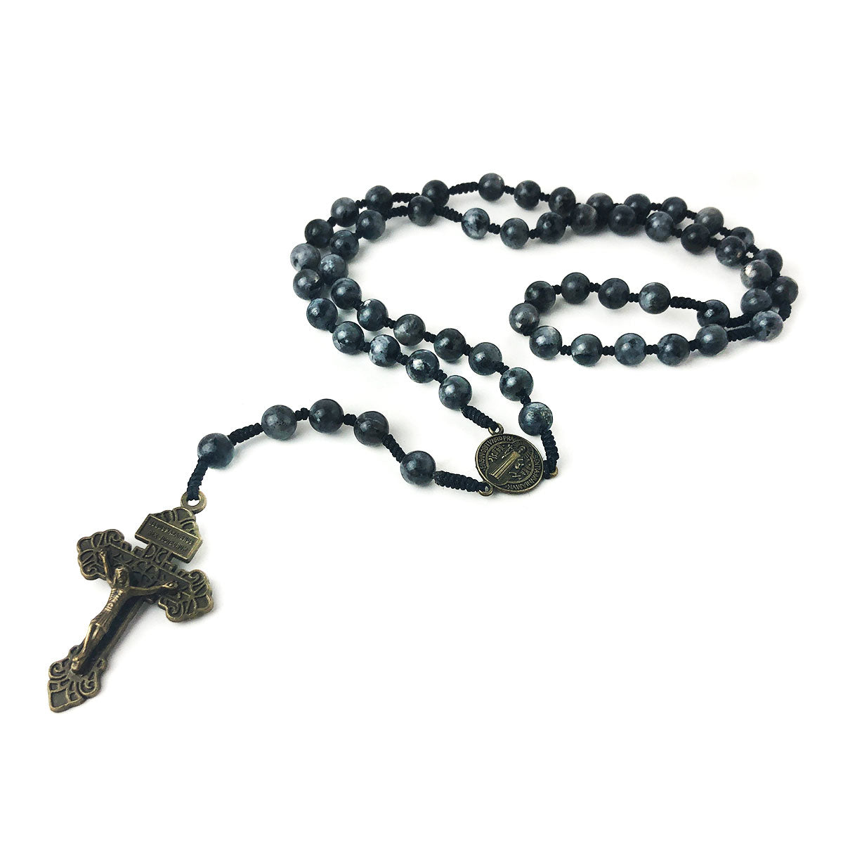 St. Benedict Black Labradorite 8mm Stone Cord Rosary Set