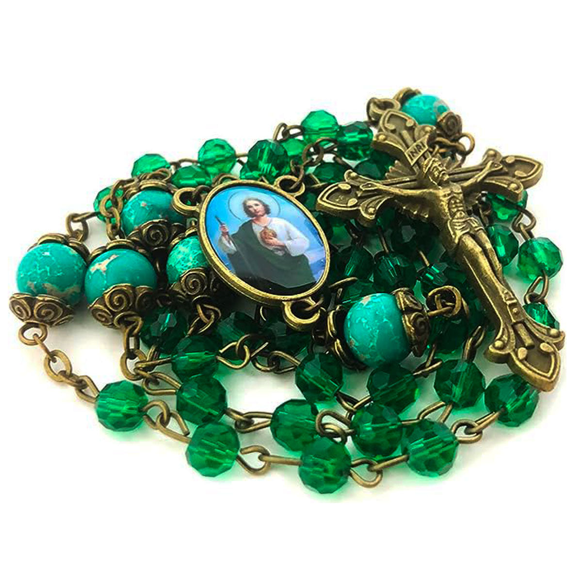 St. Jude Crystal and Green Sandstone Rosary and Bracelet Set by Catholic Heirlooms