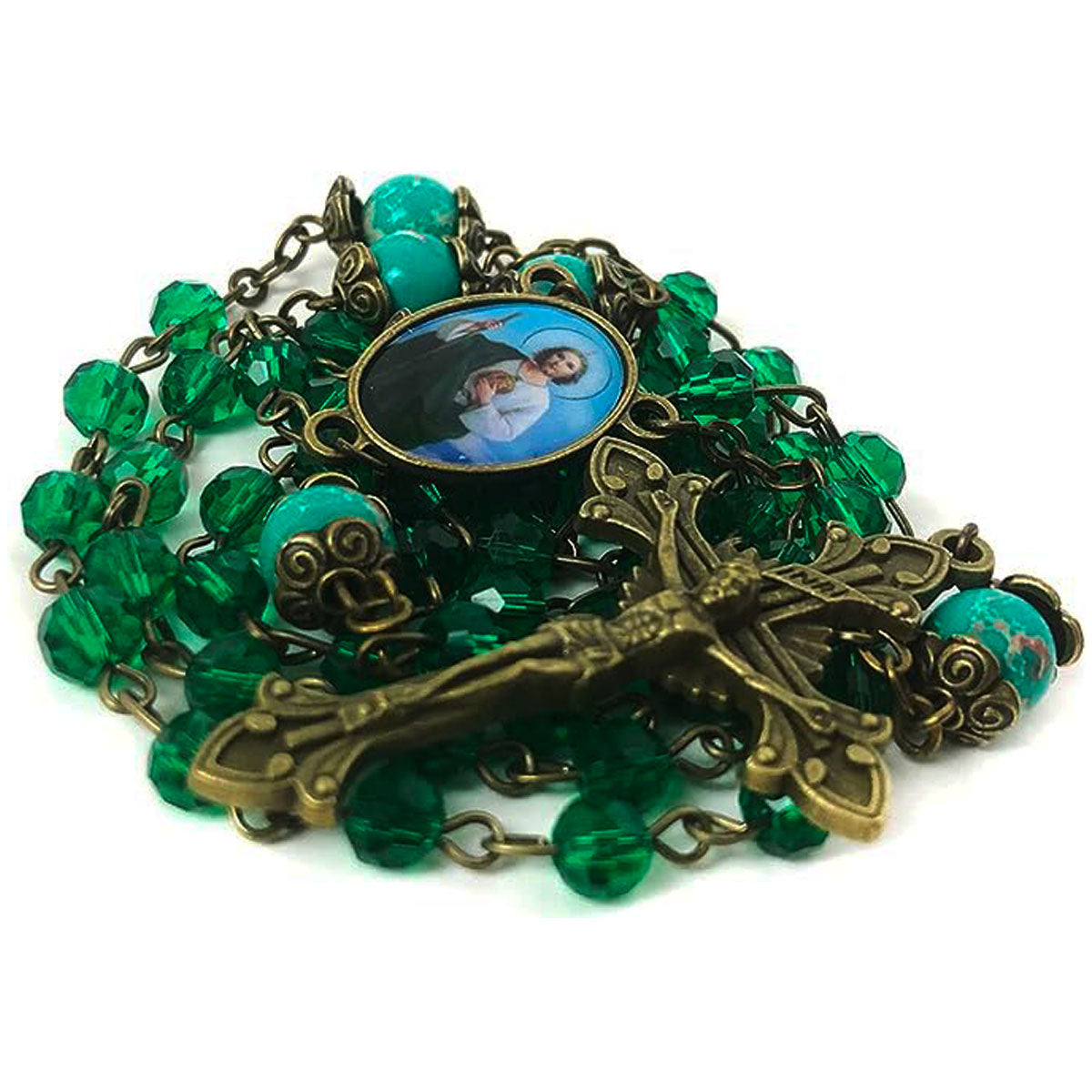 St. Jude Crystal and Green Sandstone Rosary and Bracelet Set by Catholic Heirlooms