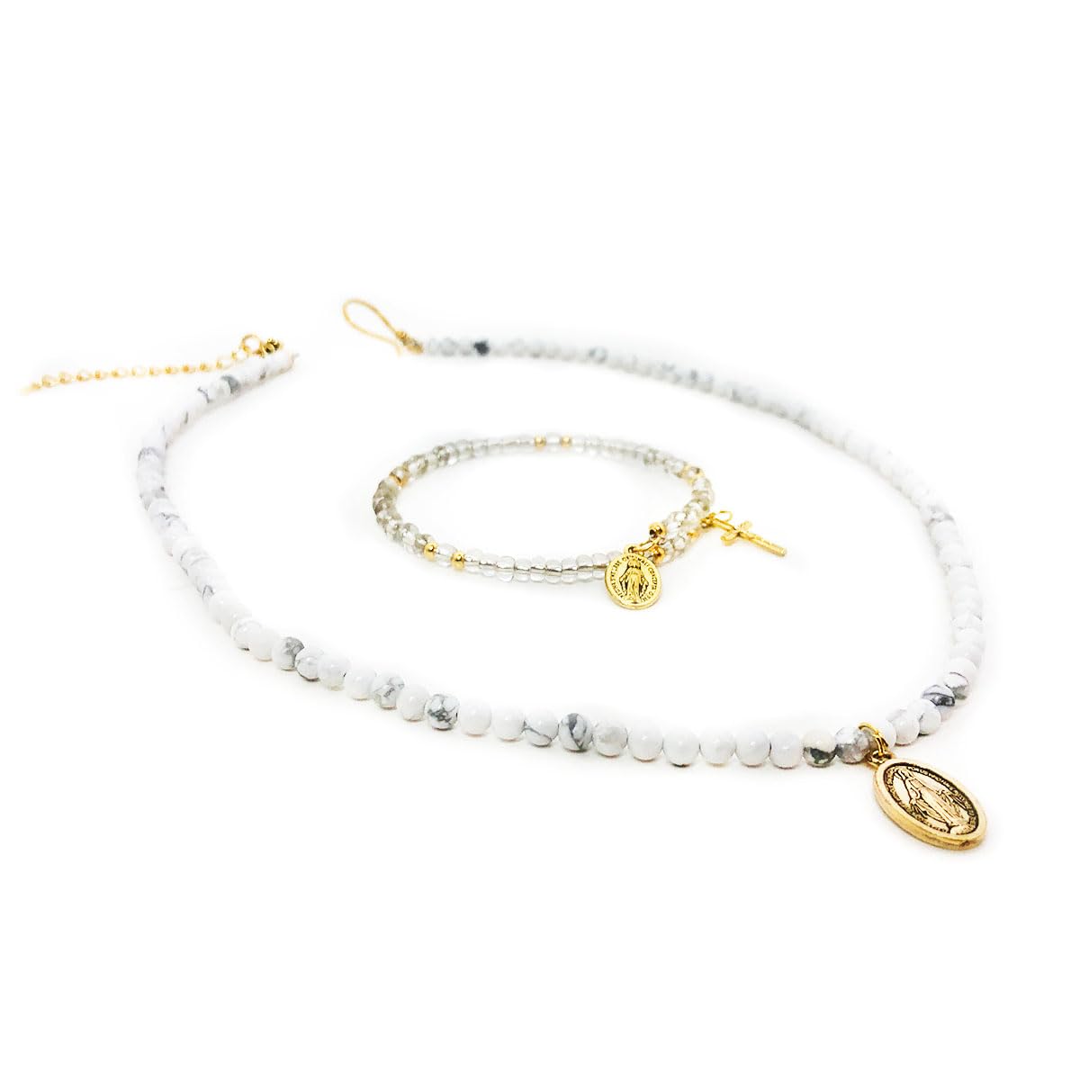 Miraculous Medal White Howlite Stone Necklace & Dainty Rosary Bracelet Set by DALIA LORRAINE