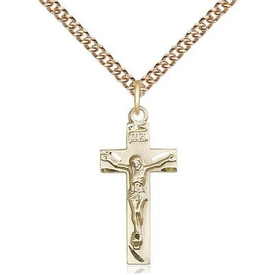 Crucifix Medal Necklace - 14K Gold Filled - 7/8 Inch Tall x 3/8 Inch Wide with 24" Chain
