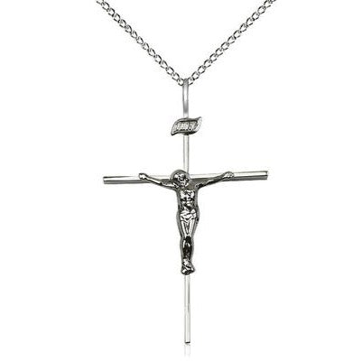 Crucifix Medal Necklace - Sterling Silver - 1 Inch Tall x 1/2 Inch Wide with 18" Chain
