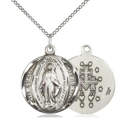 Miraculous Medal Necklace - Sterling Silver - 7/8 Inch Tall by 3/4 Inch Wide with 18" Chain