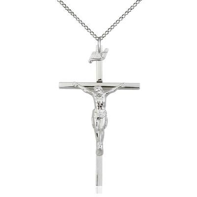 Crucifix Medal Necklace - Sterling Silver - 1-3/4 Inch Tall x 1 Inch Wide with 18" Chain