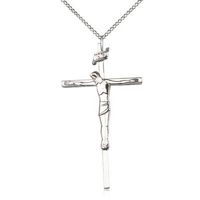 Crucifix Medal Necklace - Sterling Silver - 1-7/8 Inch Tall x 1 Inch Wide with 18" Chain