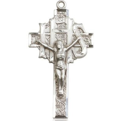 Crucifix Medal Necklace - Sterling Silver - 1-7/8 Inch Tall x 1 Inch Wide with 24" Chain