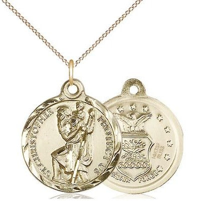 St. Christopher Air Force Medal Necklace - 14K Gold Filled - 7/8 Inch Tall x 3/4 Inch Wide with 18" Chain