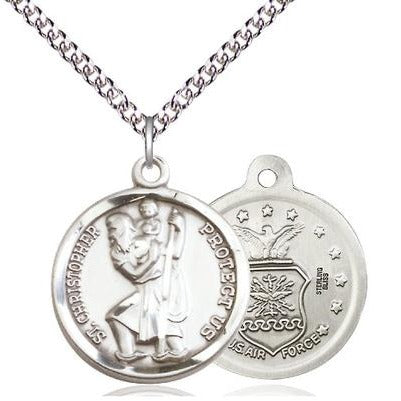 St. Christopher Air Force Medal Necklace - Sterling Silver - 7/8 Inch Tall x 3/4 Inch Wide with 24" Chain