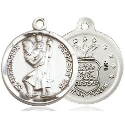 St. Christopher Air Force Medal Necklace - Sterling Silver - 7/8 Inch Tall x 3/4 Inch Wide with 24" Chain