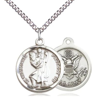 St Christopher Army Medal Necklace - Sterling Silver - 7/8 Inch Tall x 3/4 Inch Wide with 24" Chain