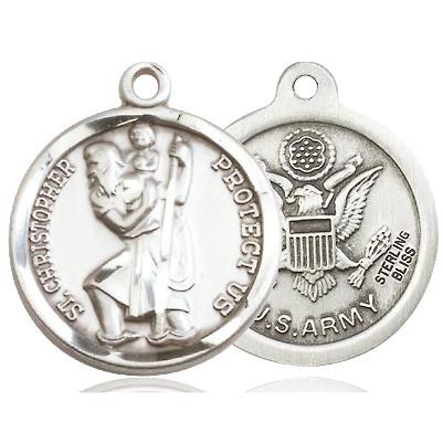 St Christopher Army Medal Necklace - Sterling Silver - 7/8 Inch Tall x 3/4 Inch Wide with 24" Chain