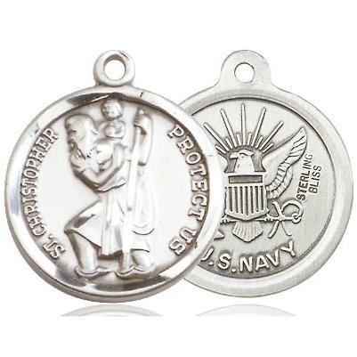 St. Christopher Navy Medal Necklace - Sterling Silver - 7/8 Inch Tall x 3/4 Inch Wide with 24" Chain