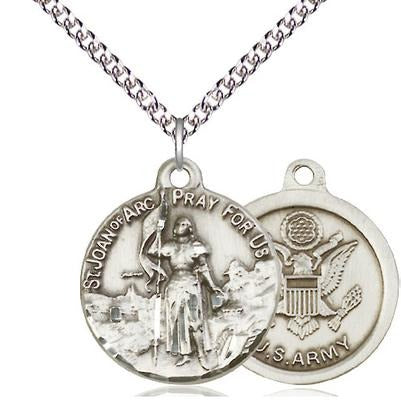St. Joan of Arc Army Medal Necklace - Sterling Silver - 7/8 Inch Tall x 3/4 Inch Wide with 24" Chain
