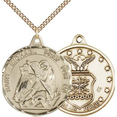 St. Michael Air Force Medal Necklace - 14K Gold - 1-3/8 Inch Tall x 1-1/4 Inch Wide with 24" Chain