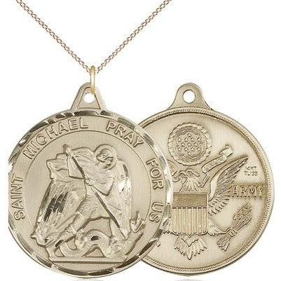 St. Michael Army Medal Necklace - 14K Gold - 1-3/8 Inch Tall x 1-1/4 Inch Wide with 18" Chain