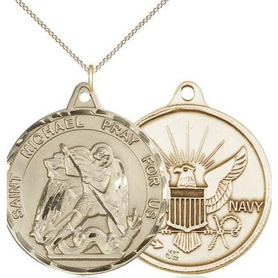 St. Michael Navy Medal Necklace - 14K Gold - 1-3/8 Inch Tall x 1-1/4 Inch Wide with 18" Chain