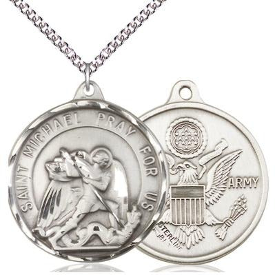 St. Michael Army Medal Necklace - Sterling Silver - 1-3/8 Inch Tall x 1-1/4 Inch Wide with 24" Chain
