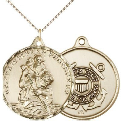 St. Christopher Coast Guard Medal Necklace - 14K Gold - 1 Inch Tall x 3/4 Inch Wide with 18" Chain