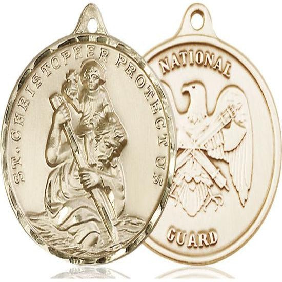 St. Christopher National Guard Medal Necklace - 14K Gold - 1-1/4 Inch Tall x 1-1/4 Inch Wide with 24" Chain
