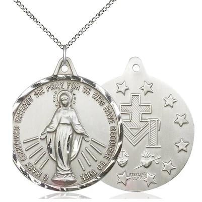Miraculous Medal Necklace - Sterling Silver - 1-3/8 Inch Tall by 1-1/4 Inch Wide with 18" Chain
