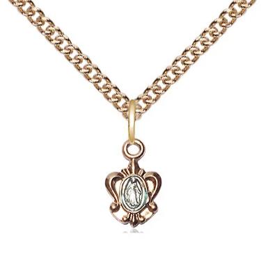 Miraculous Medal Necklace - 14K Gold - 3/8 Inch Tall by 1/4 Inch Wide with 24" Chain
